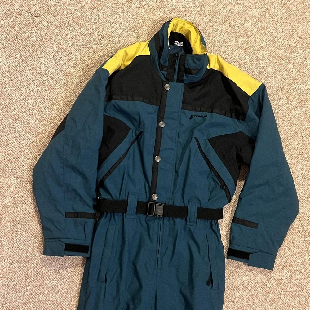 Vintage Tyrolia Ski Suit Mens M Blue Colorblock One Piece Belted Snow Ski